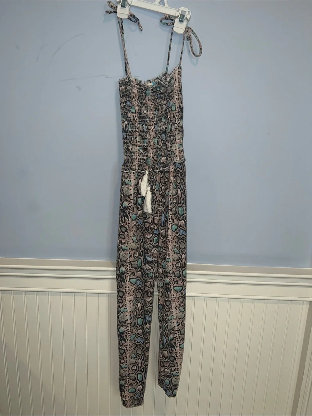Vintage Havana Teal & Gray Snake-Print Tie-Strap Jumpsuit